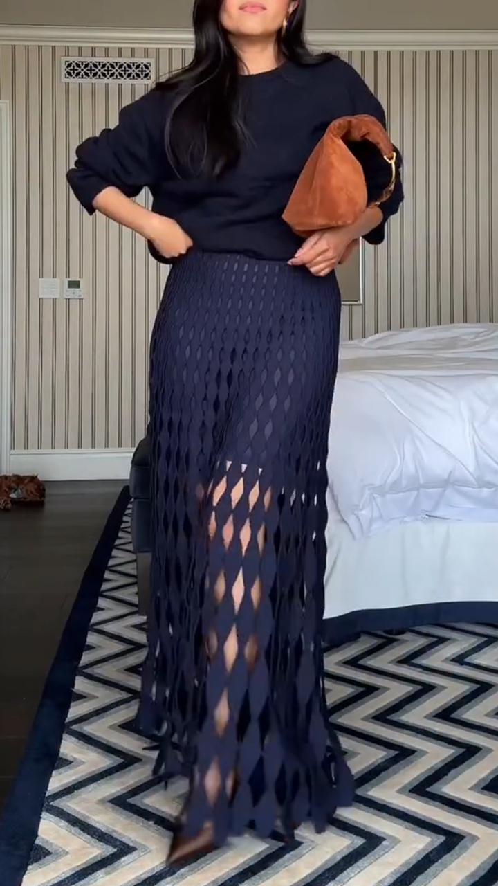 Women Round Neck Sweater + Printed Hollow Skirt Casual Suit