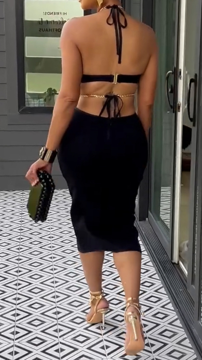 Women Halter Neck Splicing Hollow Sexy Temperament Evening Party Dress