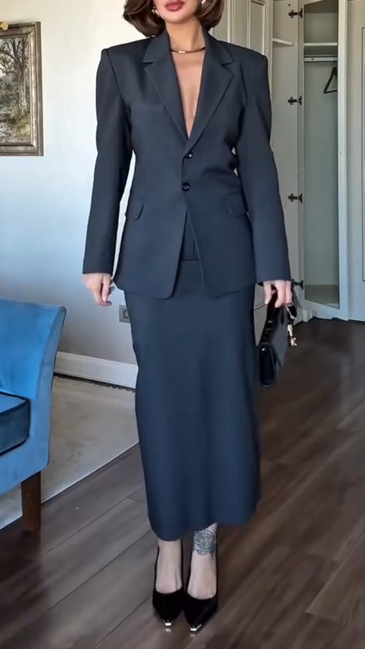 Women Lapel Jacket + Skirt Solid Color Temperament Commuter Suit