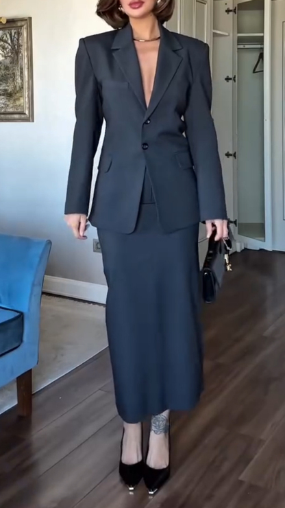 Women Lapel Jacket + Skirt Solid Color Temperament Commuter Suit