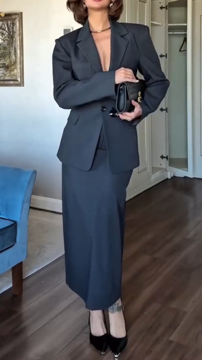 Women Lapel Jacket + Skirt Solid Color Temperament Commuter Suit