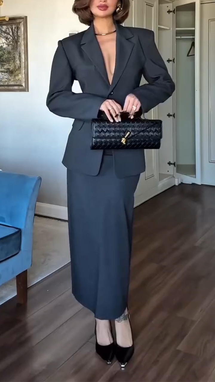 Women Lapel Jacket + Skirt Solid Color Temperament Commuter Suit