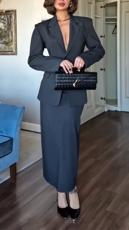 Women Lapel Jacket + Skirt Solid Color Temperament Commuter Suit