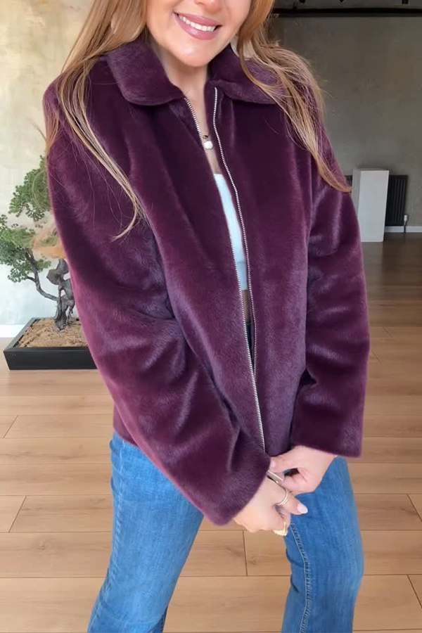 Women Casual Zipper Lapel Glossy Plush Jacket