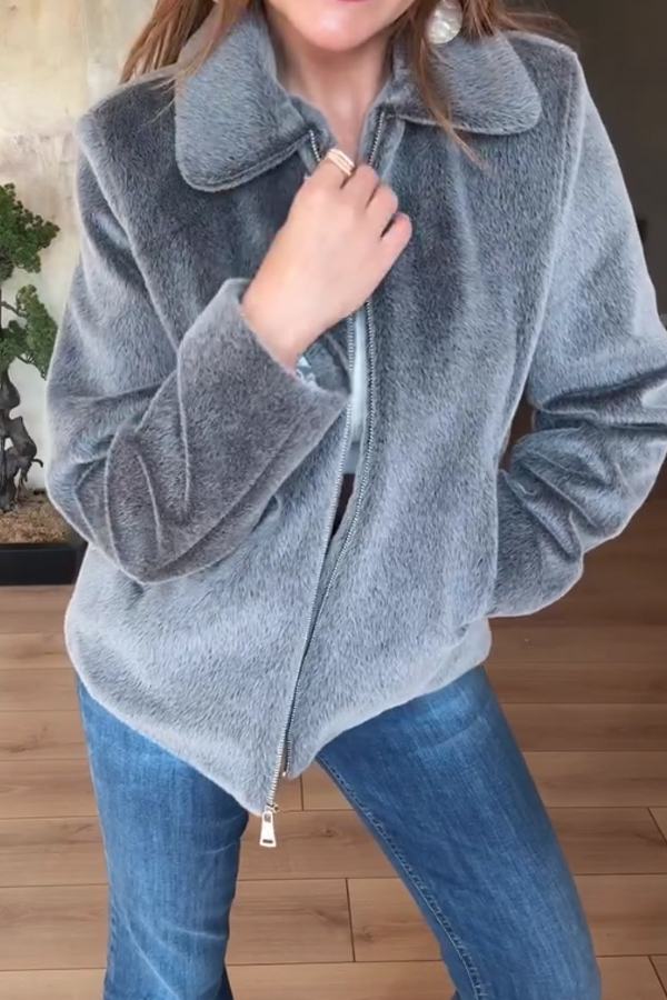 Women Casual Zipper Lapel Glossy Plush Jacket
