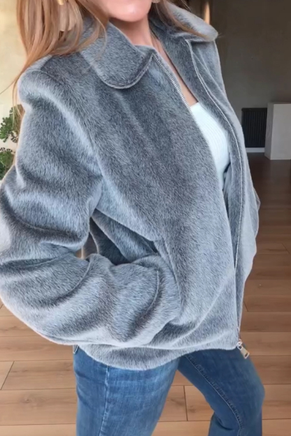 Women Casual Zipper Lapel Glossy Plush Jacket
