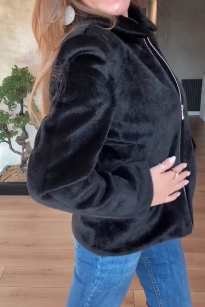 Women Casual Zipper Lapel Glossy Plush Jacket