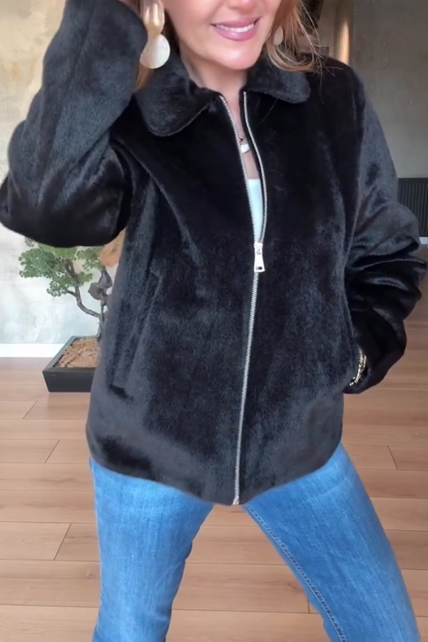 Women Casual Zipper Lapel Glossy Plush Jacket