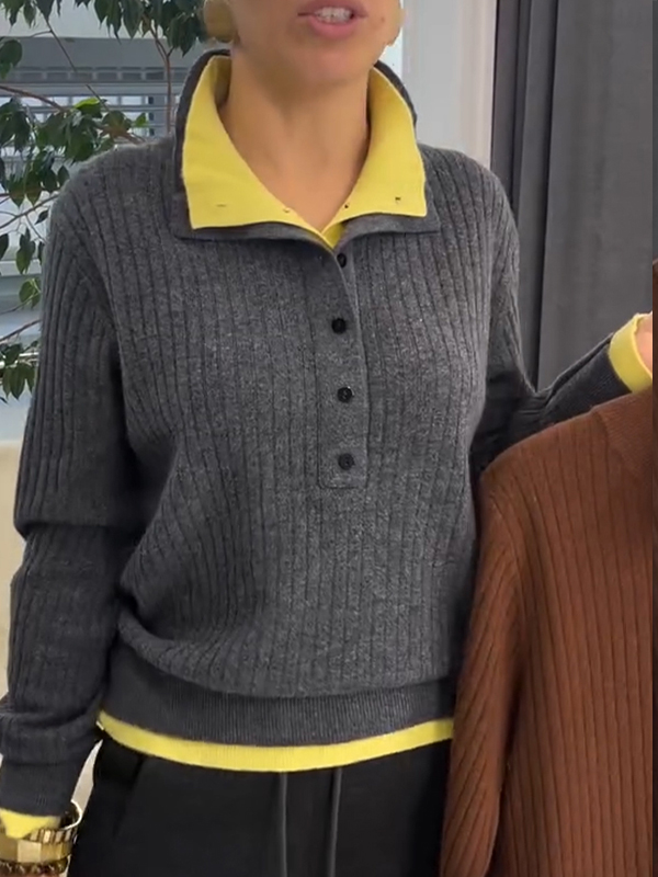 Women Lapel Stitching Contrast Color Casual Knitted Top