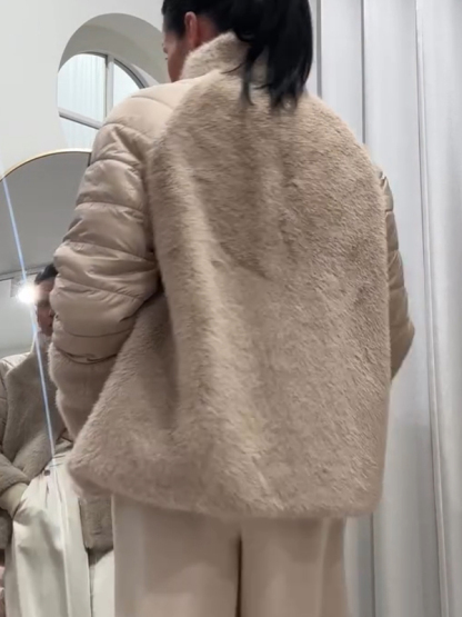 Women Stand Collar Splicing Plush Casual Cotton Jacket