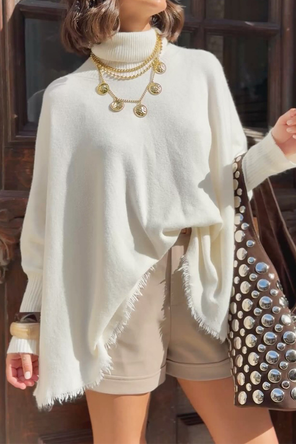 Women Elegant Turtleneck Batwing Sleeve Loose Raw-Hem Sweater