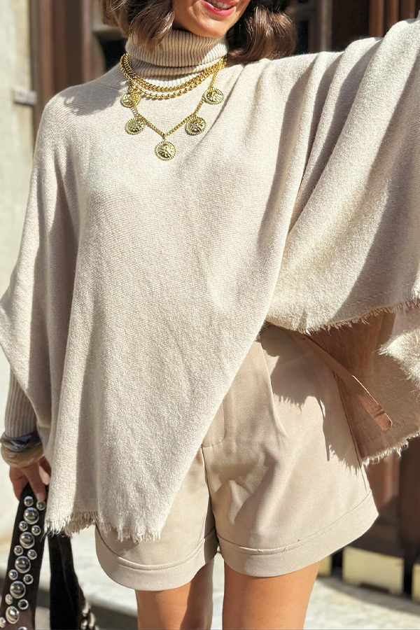 Women Elegant Turtleneck Batwing Sleeve Loose Raw-Hem Sweater