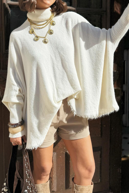 Women Elegant Turtleneck Batwing Sleeve Loose Raw-Hem Sweater