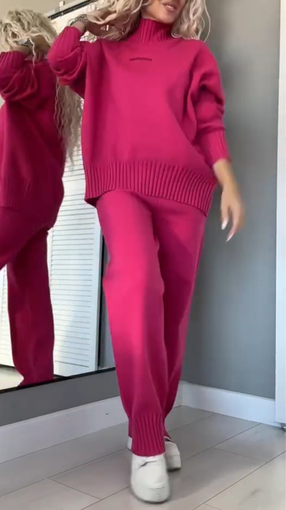 Women High-neck Stitching Knitted Top + Pants Casual Suit