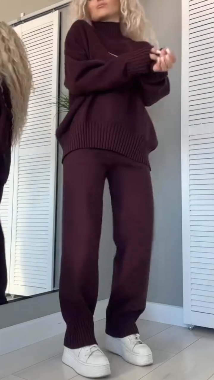 Women High-neck Stitching Knitted Top + Pants Casual Suit