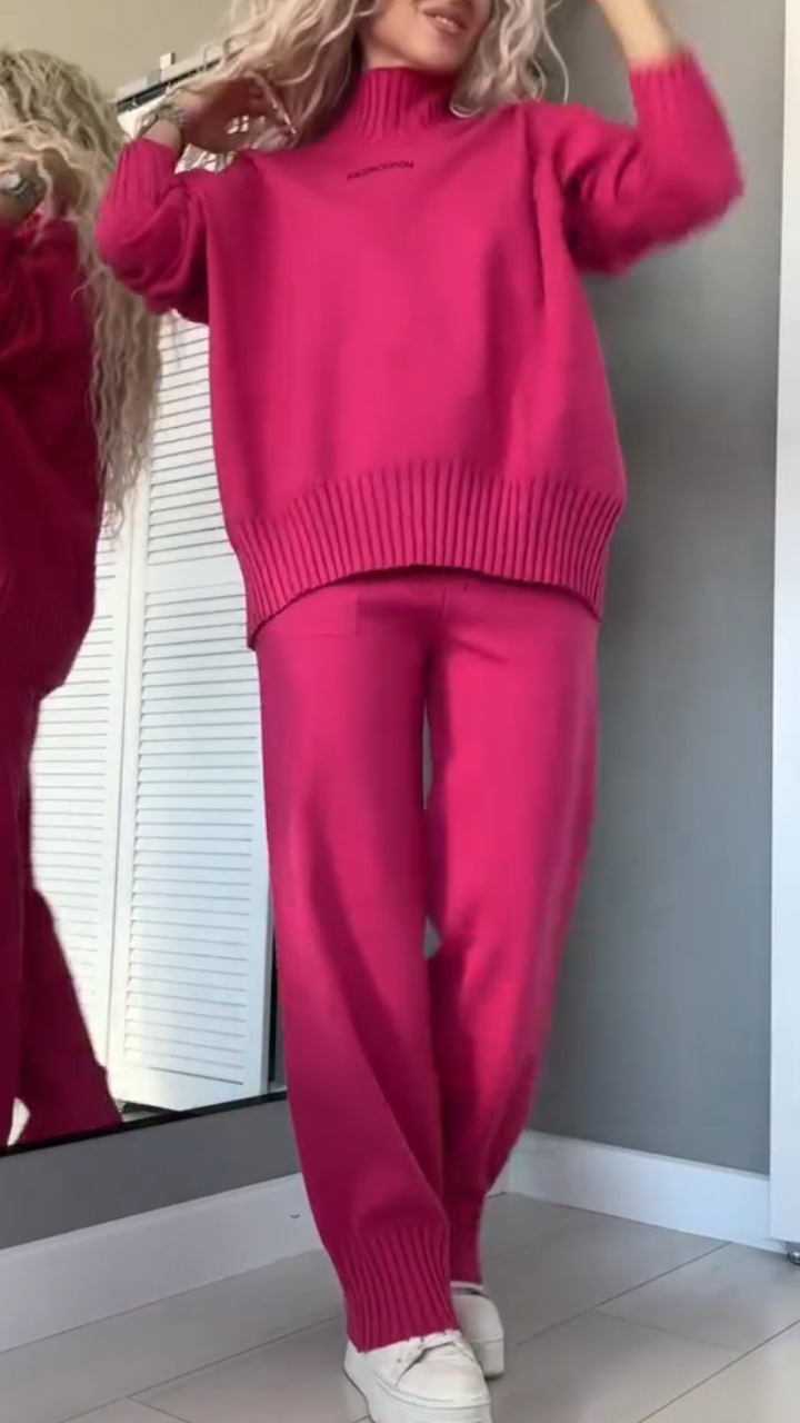 Women High-neck Stitching Knitted Top + Pants Casual Suit