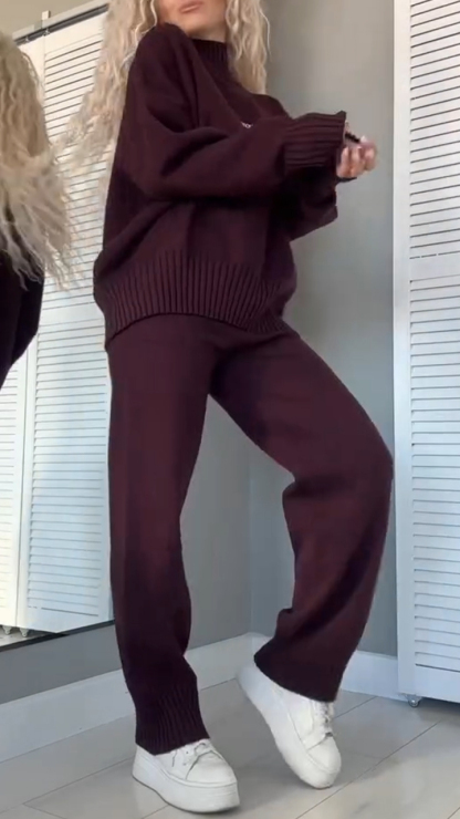 Women High-neck Stitching Knitted Top + Pants Casual Suit