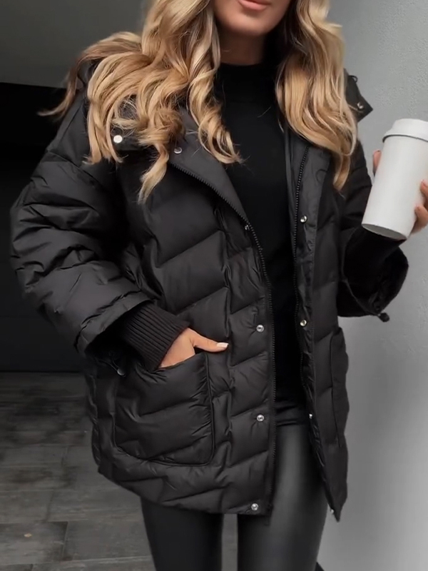 Women Hooded Solid Color Casual Cotton Jacket