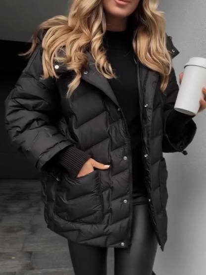 Women Hooded Solid Color Casual Cotton Jacket