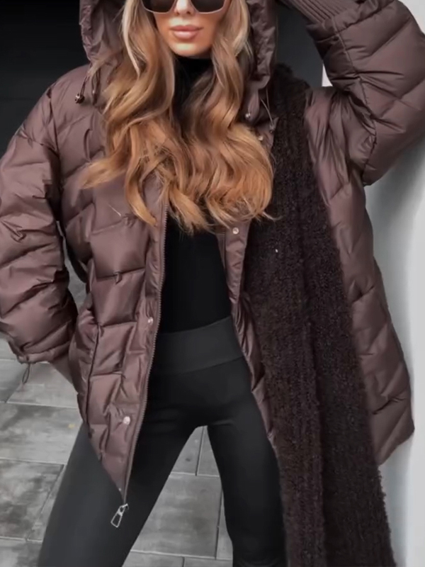 Women Hooded Solid Color Casual Cotton Jacket