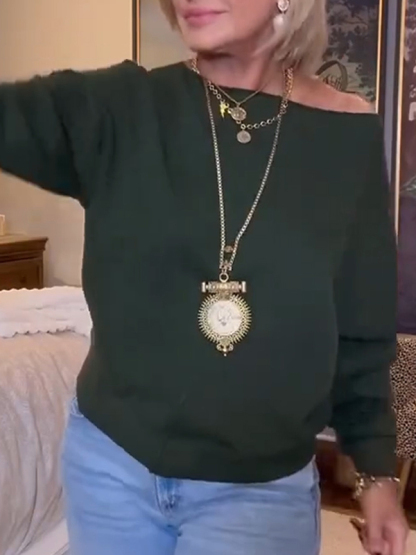 Women Round Neck Solid Color Casual Top