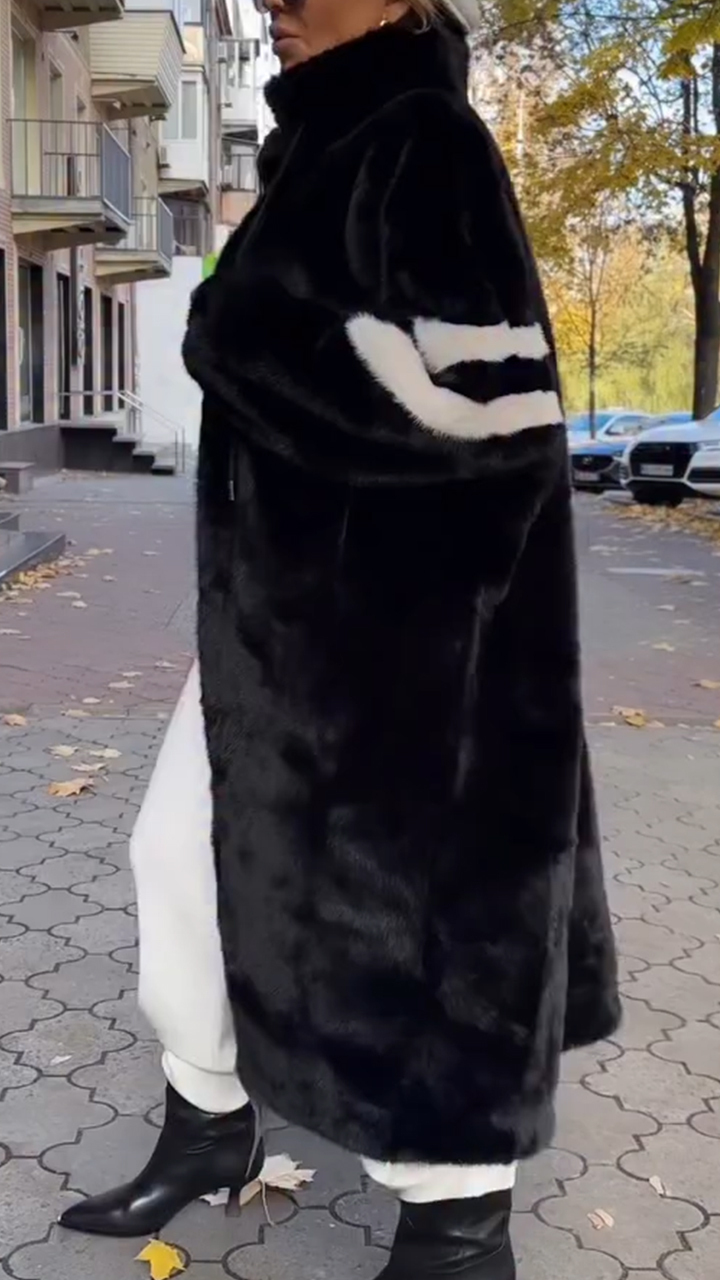 Women Stand Collar Striped Casual Long Plush Coat