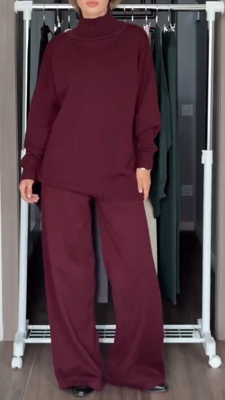 Women High-neck Knitted Sweater + Pants Solid Color Casual Suit