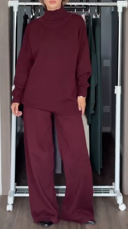 Women High-neck Knitted Sweater + Pants Solid Color Casual Suit
