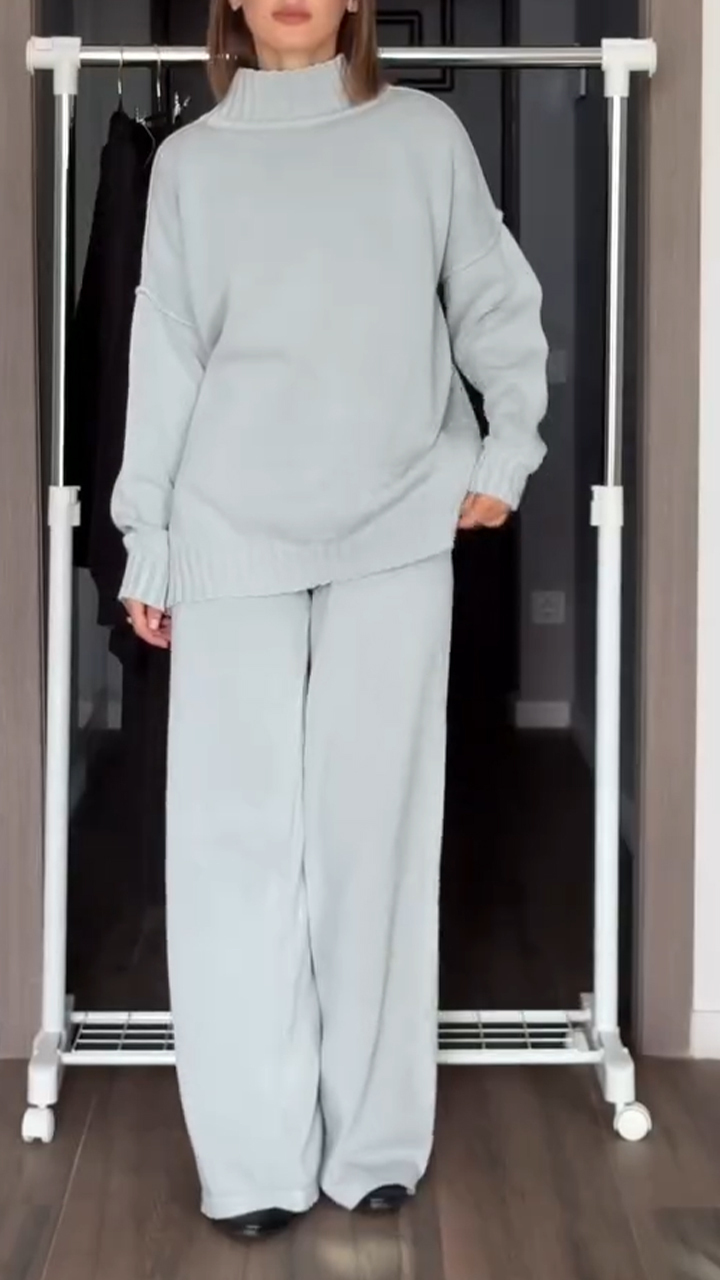 Women High-neck Knitted Sweater + Pants Solid Color Casual Suit