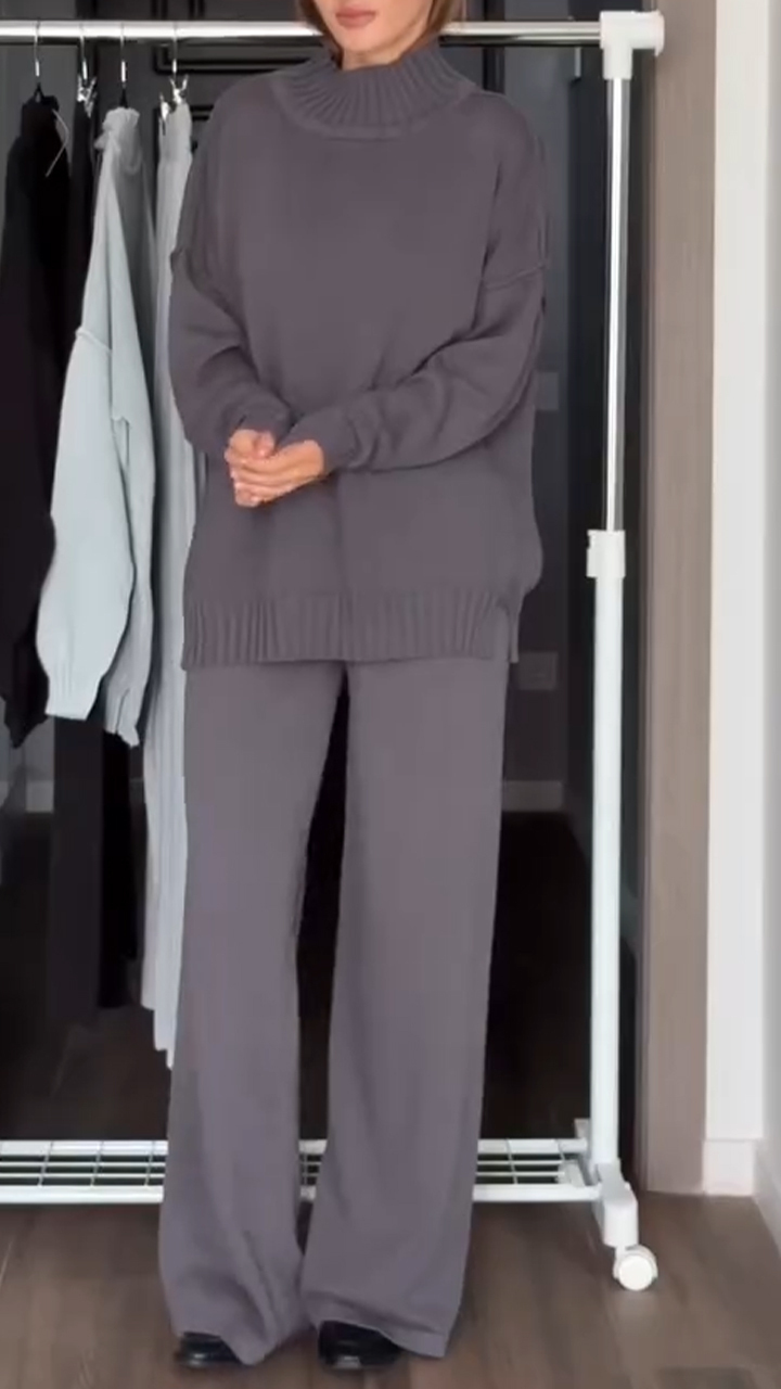 Women High-neck Knitted Sweater + Pants Solid Color Casual Suit