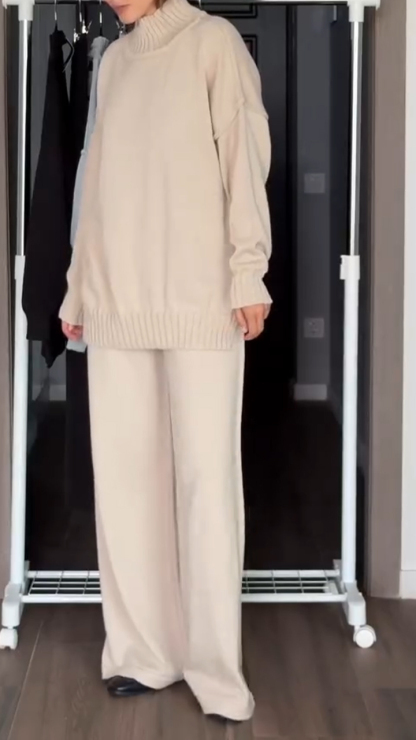 Women High-neck Knitted Sweater + Pants Solid Color Casual Suit