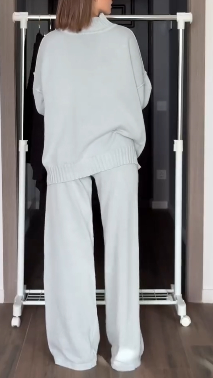Women High-neck Knitted Sweater + Pants Solid Color Casual Suit
