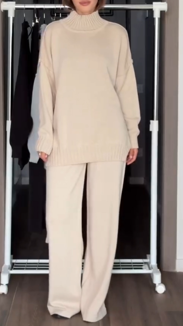 Women High-neck Knitted Sweater + Pants Solid Color Casual Suit