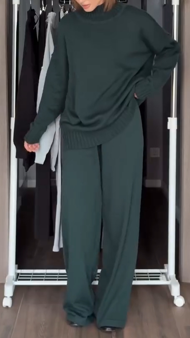 Women High-neck Knitted Sweater + Pants Solid Color Casual Suit