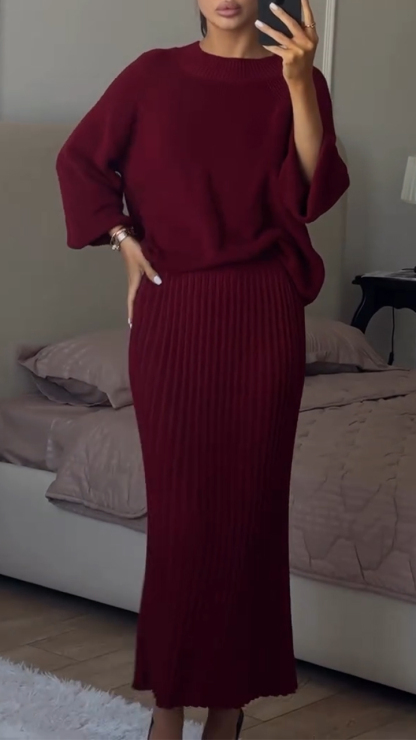 Women Round Neck Knitted Solid Color Casual Suit