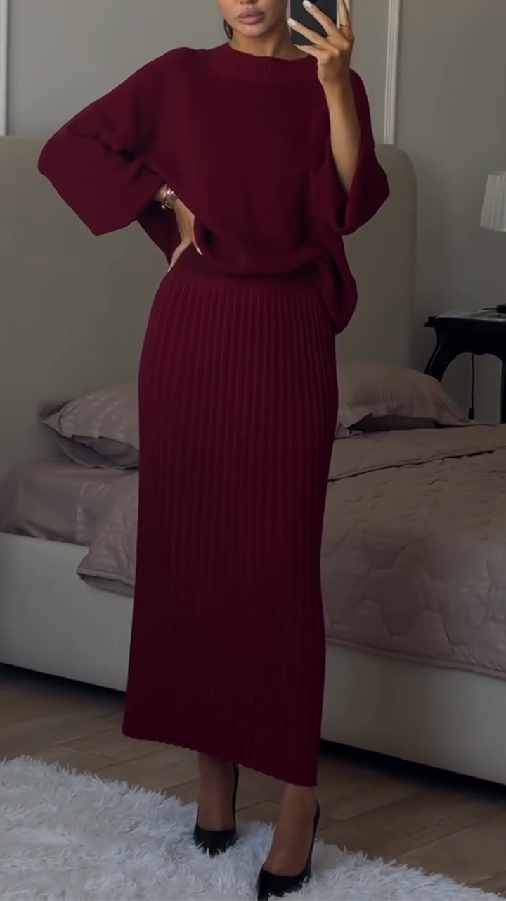 Women Round Neck Knitted Solid Color Casual Suit