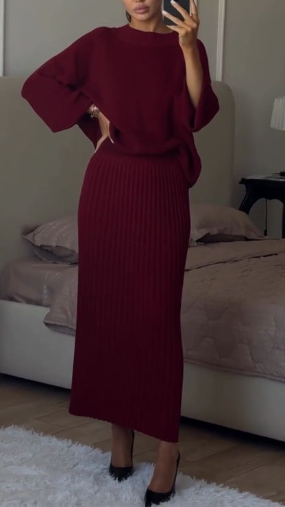 Women Round Neck Knitted Solid Color Casual Suit