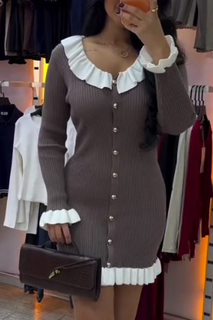 Women Elegant Contrast Ruffle Button Fitted Dress