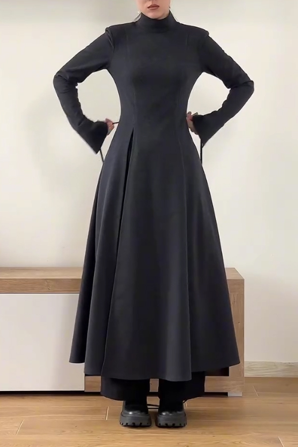 Women Elegant Half-Mount Neck Slit Sleeve Waist Tie High Slit Maxi Dress