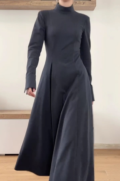 Women Elegant Half-Mount Neck Slit Sleeve Waist Tie High Slit Maxi Dress