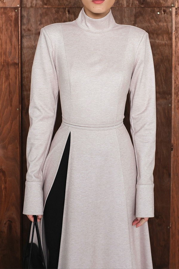 Women Elegant Half-Mount Neck Slit Sleeve Waist Tie High Slit Maxi Dress