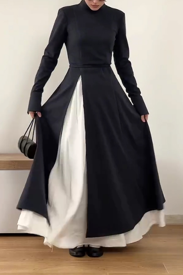Women Elegant Half-Mount Neck Slit Sleeve Waist Tie High Slit Maxi Dress