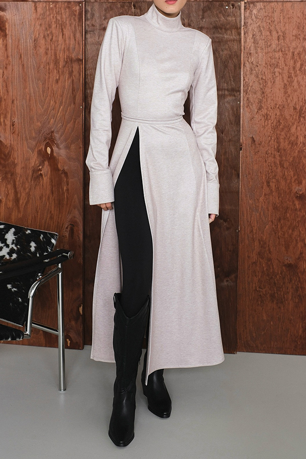 Women Elegant Half-Mount Neck Slit Sleeve Waist Tie High Slit Maxi Dre