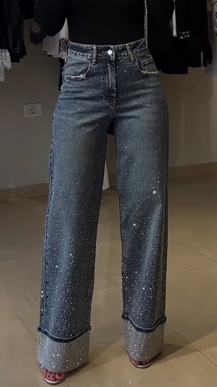 Women Rhinestone Washed Stitching Casual Jeans