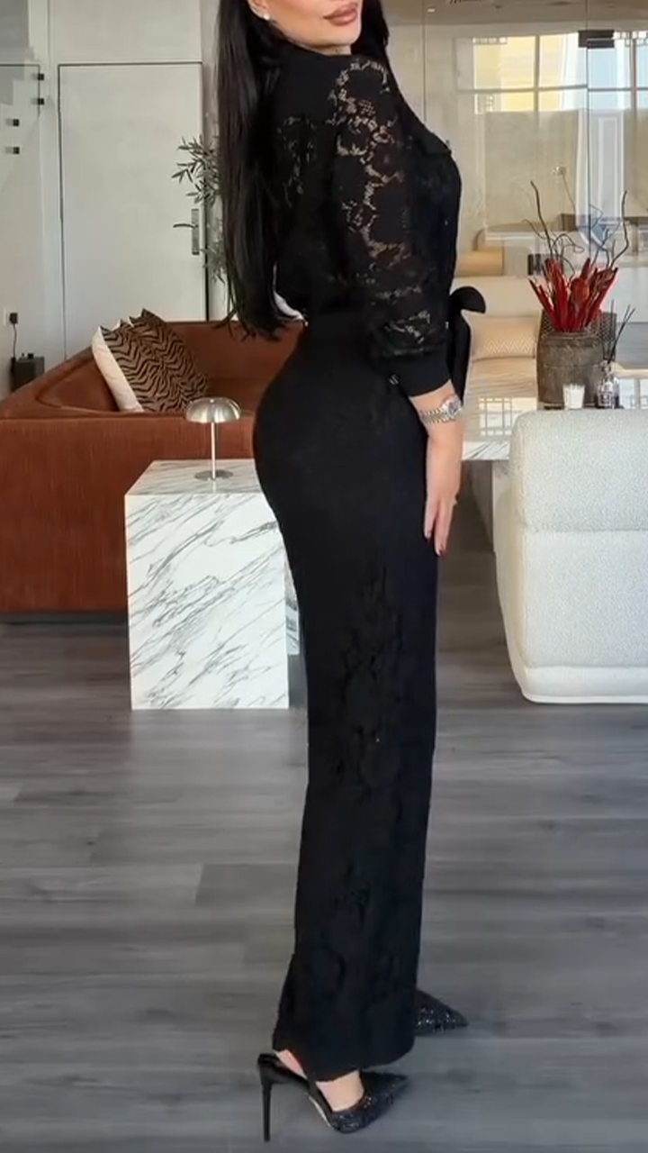 Women Collared Printed Hollow-out Top + Pants Solid Color Temperament Casual Suit