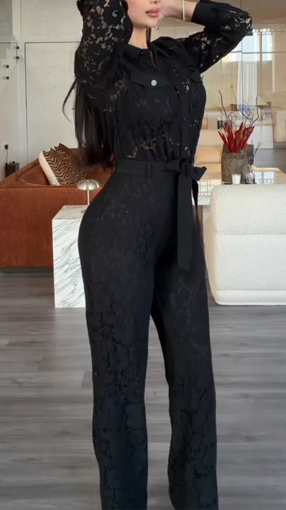 Women Collared Printed Hollow-out Top + Pants Solid Color Temperament Casual Suit