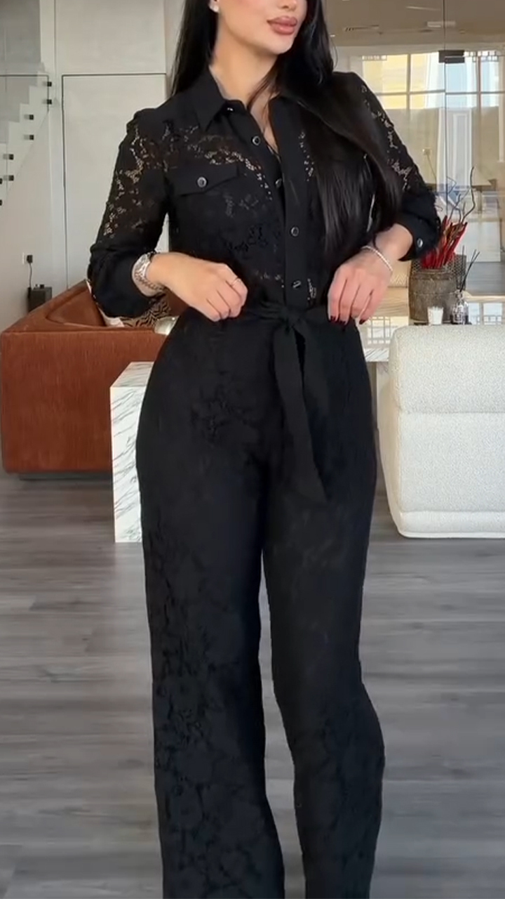 Women Collared Printed Hollow-out Top + Pants Solid Color Temperament Casual Suit