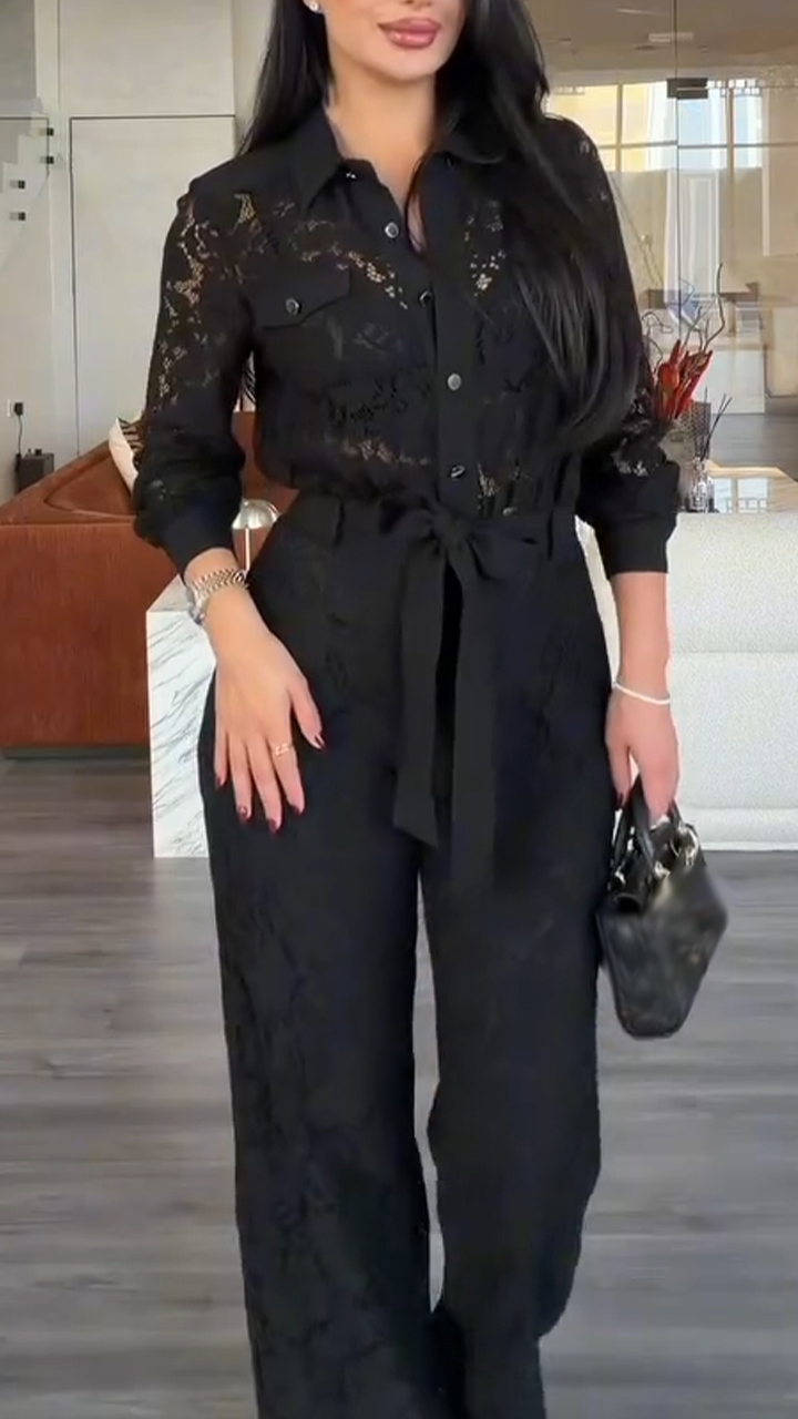 Women Collared Printed Hollow-out Top + Pants Solid Color Temperament 