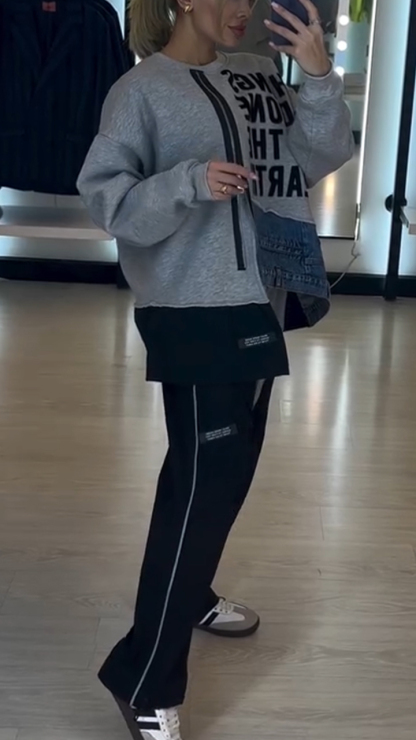 Women Round Neck Printed Letter Stitching Denim Zipper Casual Suit