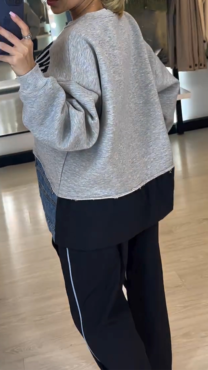 Women Round Neck Printed Letter Stitching Denim Zipper Casual Suit